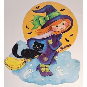 Vintage Halloween Cut Out Witch Broom Cat Bats Full Moon Ghosts USA